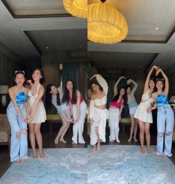 Lại là chiếc áo tắm xanh nhưng lần này nàng hậu đi cùng quần jeans ống rộng.