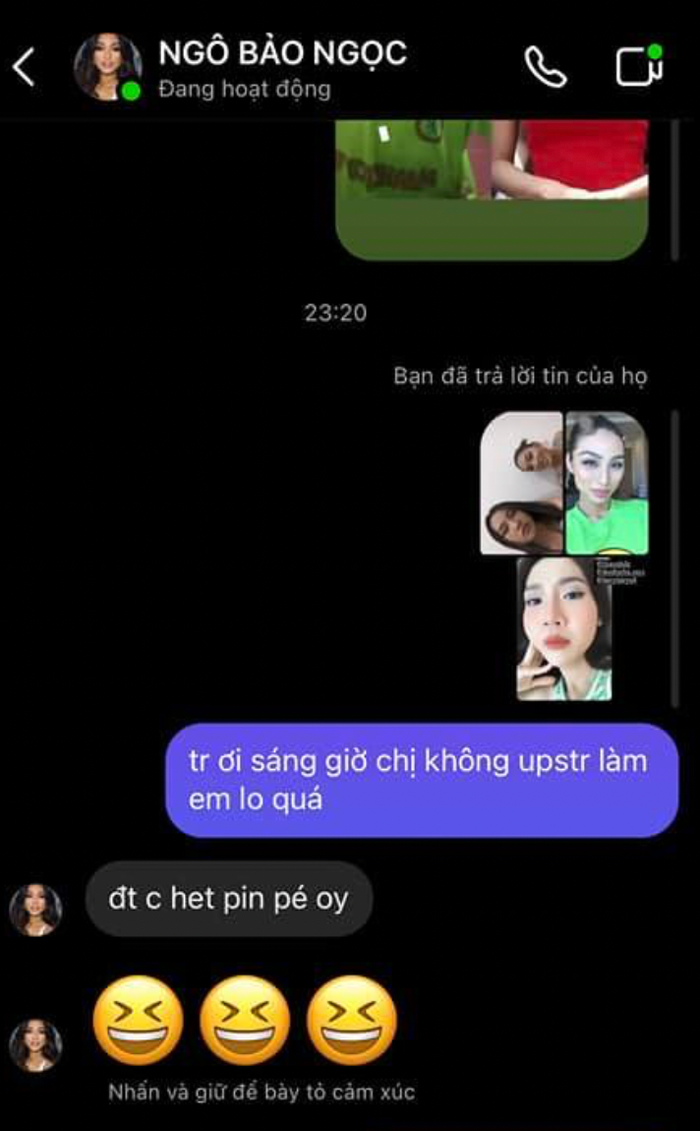 Thậm chí vào vì quá lo cho tình hình của Bảo Ngọc, một fan phải nhắn tin hỏi vì sao cô không update gì trên trang cá nhân của mình.