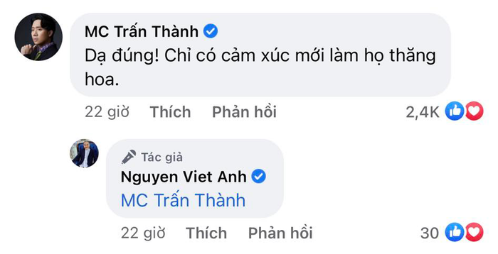MC Trấn Thành để lại bình luận gây chú ý.
