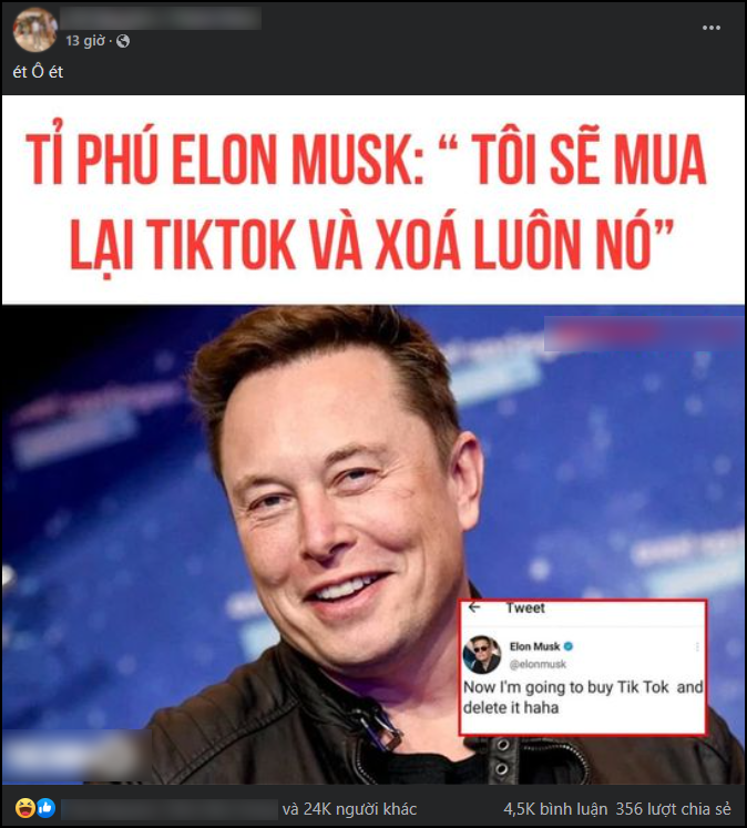 Đoạn tweet 'sẽ mua lại TikTok và xóa nó' được cho là của Elon Musk, sự thật là tin giả.