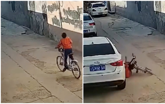 Ngậm bánh, tung tăng đạp xe rồi lao vào ô tô đỗ ven đường, hành động sau đó của cậu bé gây cười xỉu Ảnh 2