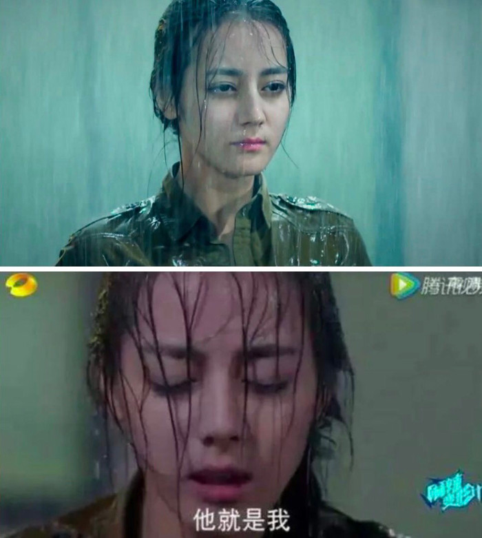 Cơn mưa đã làm cho mái tóc của Địch Lệ Nhiệt Ba bết dính lại đồng thời cũng làm lộ ra những đường nét chưa đẹp trên gương mặt của nữ diễn viên.