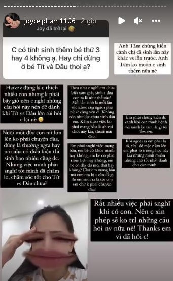 Cô nàng đã phân tích về quá trình mang bầu và nuôi dạy các con tới những người thắc mắc về việc sinh con thứ 3 của người đẹp