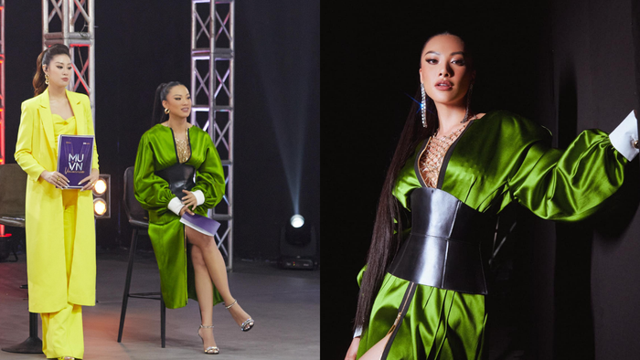 'Mấp mé' trong teaser tập 5 là một bộ cánh khác quen thuộc trước đó Kim Duyên từng xuất hiện tại sự kiện của Gucci. Chiếc đầm xanh lá được phối ăn ý với áo lưới lấp lánh bên trong, kèm theo đôi giày cùng tone chính thức đưa Kim Duyên vào hàng ngũ tắc kè hoa tại showbiz Việt.