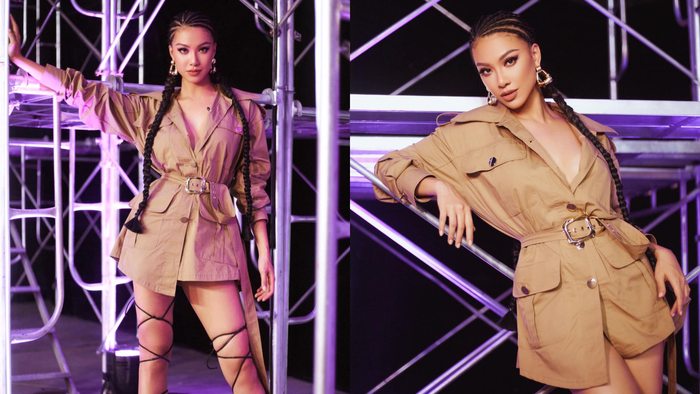 Trở nên hoang dã hơn với chiếc đầm sơ mi màu nude kèm thêm đôi giày dây dài buộc quanh chân, kết hợp với mái tóc tết độc đáo. netizen ví Kim Duyên với các nhà thám hiểm.