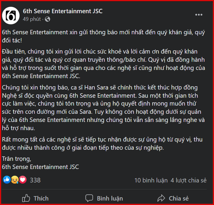 Thông báo của công ty về việc Han Sara chính thức kết thúc hợp đồng Nghệ sĩ độc quyền 