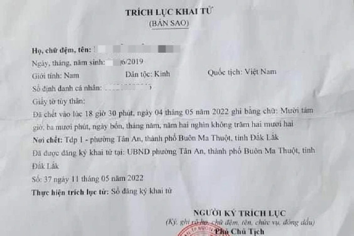 Giấy khai tử của cháu N.H.L