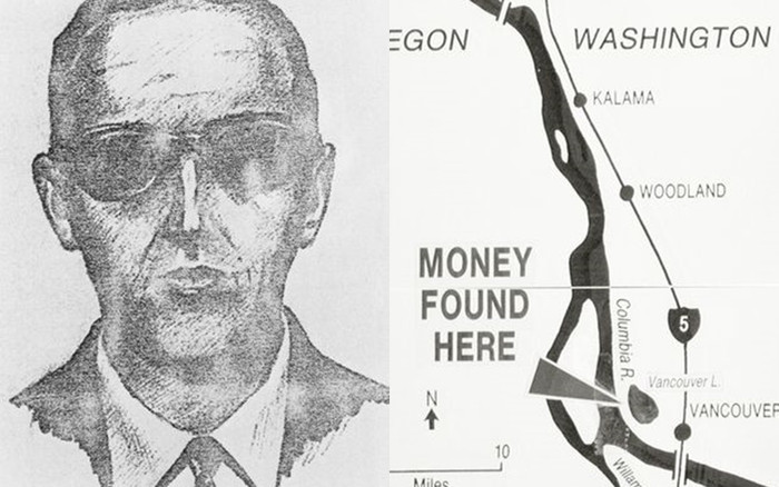 Bức vẽ của một nghệ sĩ về D. B. Cooper, nghi phạm nhảy dù từ máy bay phản lực Northwest Airlines 727 sau khi lấy được 200.000 USD tiền chuộc ở Seattle (trái) và tấm bản đồ chỉ ra khu vực nơi tìm thấy vài nghìn USD sau vụ cướp máy bay của DB Cooper.