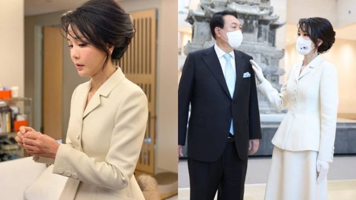 Từ cách bới tóc cho đến cách diện đồ, bà Kim Keon-hee cho thấy sự khéo léo của mình trong việc 'trẻ hoá'. Các mẫu áo suit có tông nhã nhặn được Phu nhân lựa chọn tốt nhất để diện trong dịp gặp mặt quan trọng.