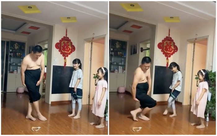 Ông bố đích thân mặc váy, dạy 2 cô con gái cúi nhặt đồ sao cho thanh lịch khiến netizen 'cười bò' Ảnh 2