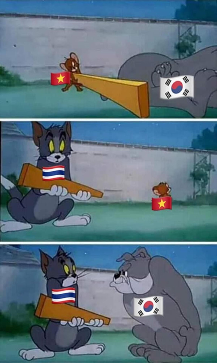 Trang Troll Asian Football đăng tấm ảnh chế Tom và Jerry đầy hài hước. Ngụ ý nói U23 Việt Nam hoà Hàn Quốc khiến Thái Lan có nguy cơ bị loại. 
