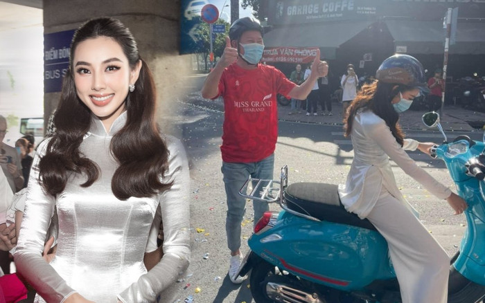 Thùy Tiên diện áo dài trắng, 'đèo' chủ tịch Miss Grand bằng xe máy siêu dễ thương Ảnh 2