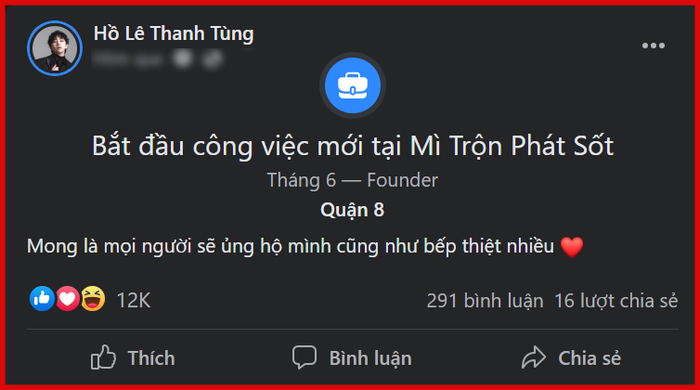 Bài đăng của Tùng Maru về công việc mới 