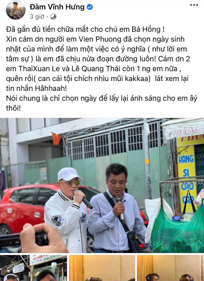 Dòng trạng thái trên trang cá nhân của nam ca sĩ đã dành được nhiều sự ủng hộ, biết ơn tấm lòng cao đẹp.
