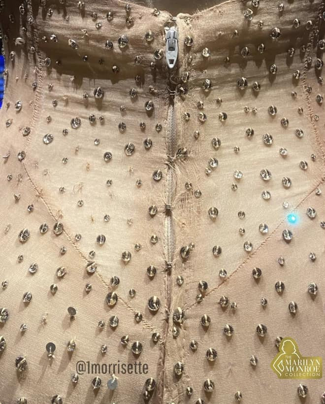 Nhiều hạt kim sa đã bị rơi còn phần khóa kéo thì bị sứt chỉ.