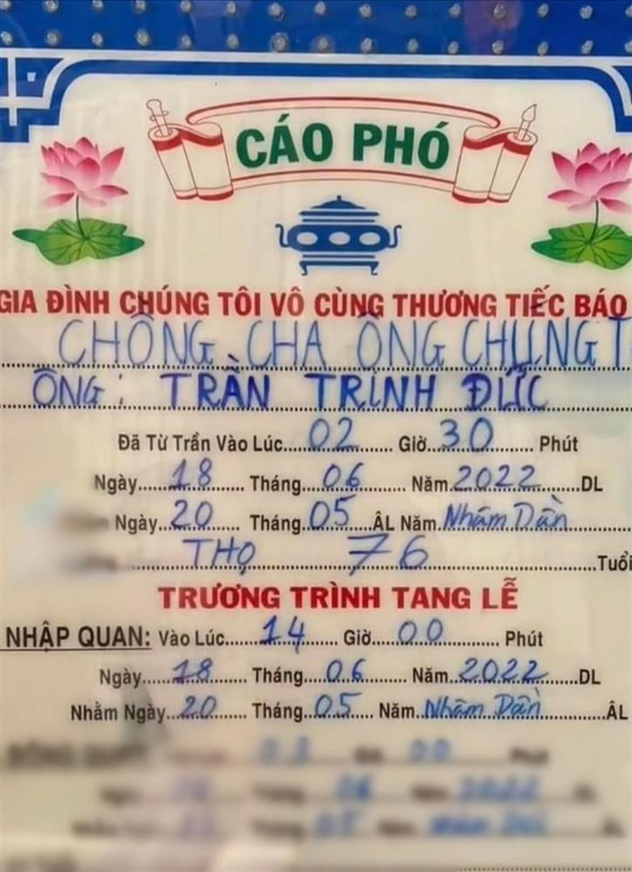 Ông Trần Trinh Đức từ trần ngày 18/6.