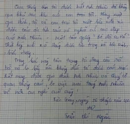 Bức thư cảm ơn sâu sắc của mẹ ruột cháu bé gặp nạn gửi đến quân nhân và gia đình anh. (Ảnh: Tuổi Trẻ Online)