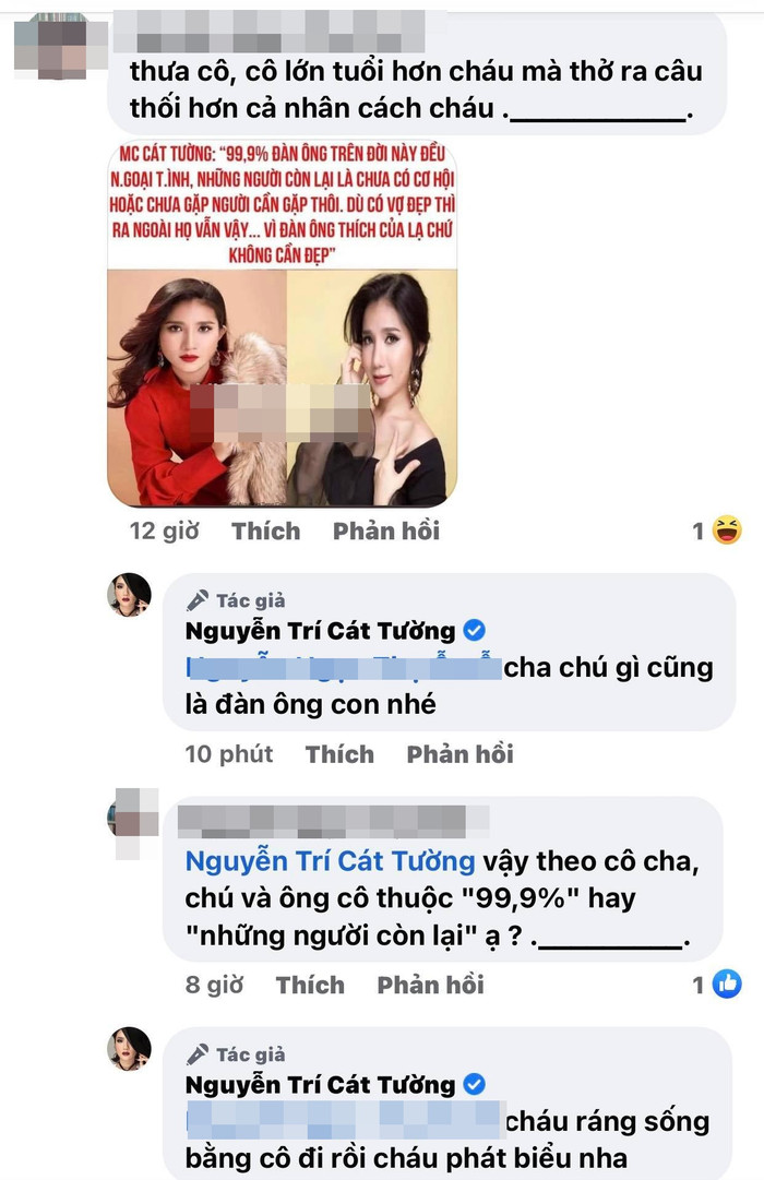 Cát Tường đáp trả cực gắt khi bị mỉa mai về phát ngôn 99.9% đàn ông đều ngoại tình.