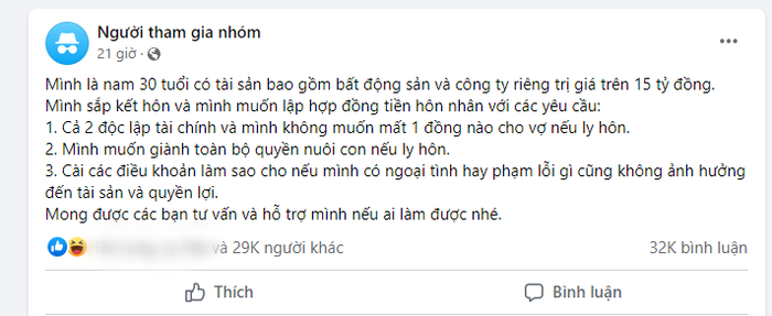 Bài đăng được chia sẻ trong nhóm chia sẻ về luật pháp trên trang mạng xã hội thu hút sự quan tâm, bàn tán xôn xao của dư luận.
