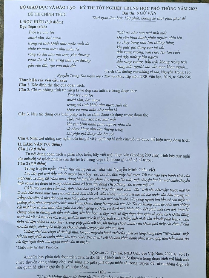 Đề thi môn Ngữ văn năm nay