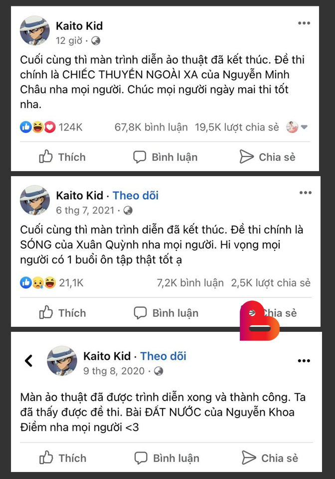 Fanpage Kaito Kid đã đoán trúng đề thi 3 năm liên tiếp. Ảnh: Beatvn