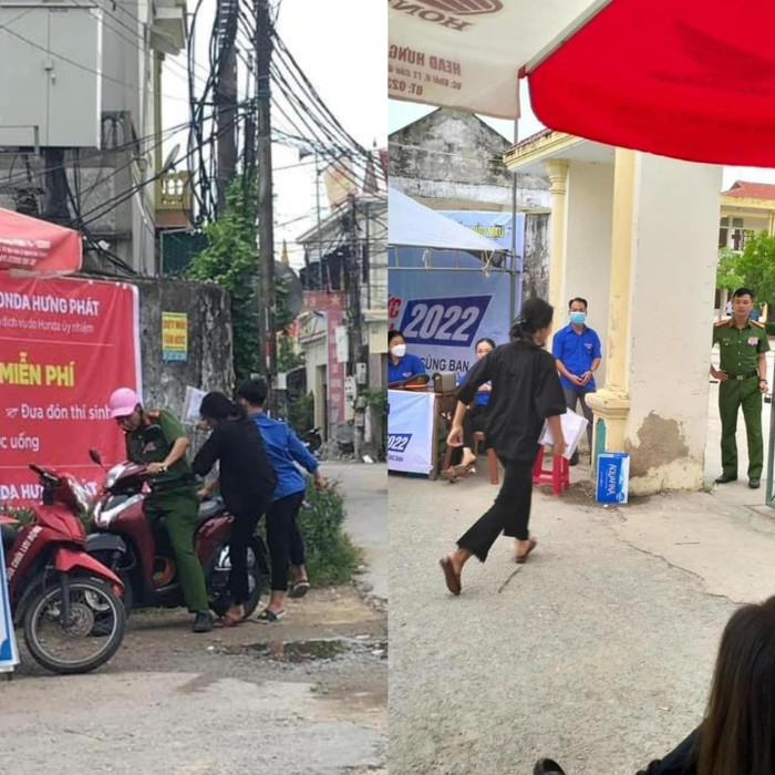 Nữ sinh được cán bộ Công an và đội tình nguyện viên kịp thời đưa đén điểm thi. Ảnh: Trần Hải Yến