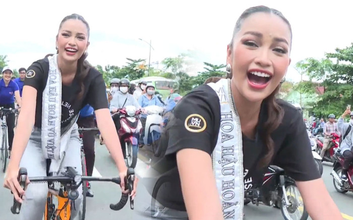Hoa hậu Ngọc Châu đạp xe diễu hành ở Tây Ninh sau hai tuần đăng quang Ảnh 2