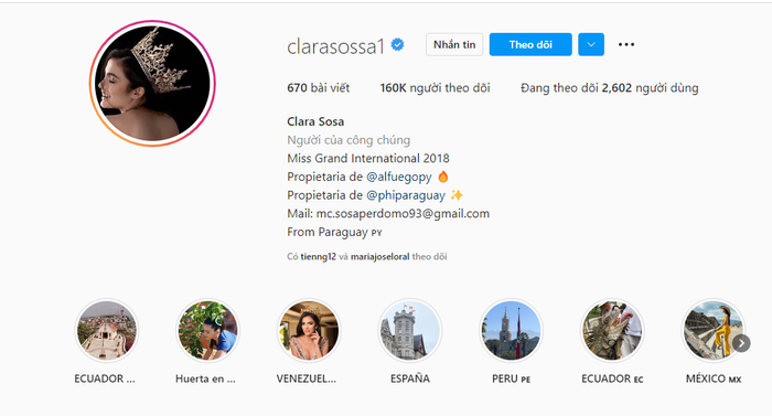Miss Grand International 2018, María Clara Sosa có 160.000 người theo dõi.