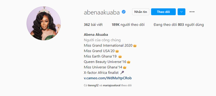 Miss Grand 2020, Abena Appiah được 189.000 theo dõi.