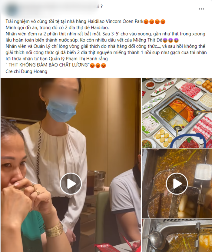 Thông tin 'tố' nhà hàng Haidilao Vincom Ocen Park với món thịt dê 'tự tan biến' được đăng tải trên mạng xã hội. (Ảnh chụp màn hình).