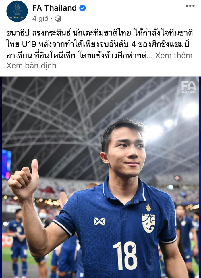 Liên đoàn bóng đá Thái Lan (FAT) đã đăng tải “tâm thư” của Chanathip Songkrasin động viên U19 Thái Lan sau trận thua Việt Nam.