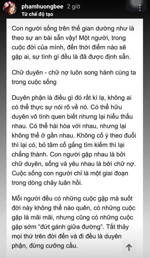 Phạm Hương đưa triết lý cuộc sống, đề cập đến chuyện buông bỏ, bàn về chữ duyên.