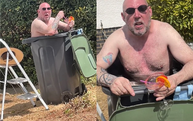 Nóng bốc hỏa, người đàn ông biến thùng rác thành bể bơi ngâm mình và cái kết bất ngờ Ảnh 2