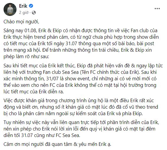 Erik lên tiếng về việc fan club bị chỉ trích khi thực hiện trào lưu phản cảm Ảnh 3