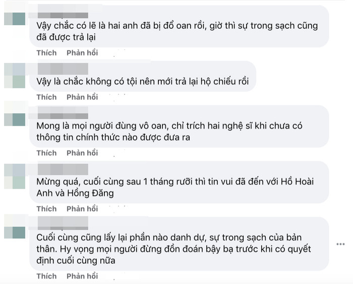 Nhiều bình luận bênh vực Hồ Hoài Anh và Hồng Đăng sau khi thông tin hai nghệ sĩ được trả hộ chiếu được đăng tải.
