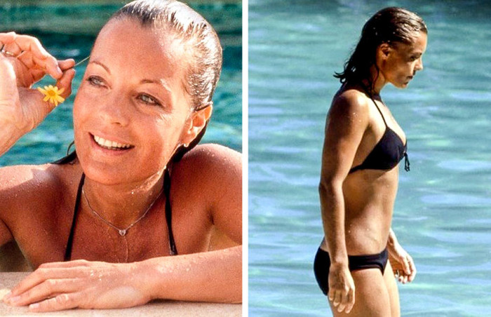 Trong “The Swimming Pool”, nhân vật do Romy Schneider thủ vai mặc rất nhiều bộ đồ bơi khác nhau nhưng tất cả đều có màu đen hoặc trắng. Bộ bikini có dây buộc quanh cổ xuất hiện khi bắt đầu bộ phim là trang phục để lại nhiều ấn tượng nhất.