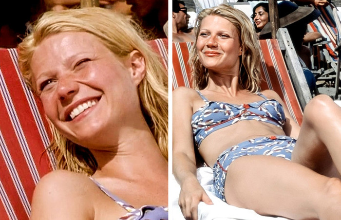 Phim “The Talented Mr. Ripley” lấy bối cảnh giữa thế kỷ trước nên nhân vật của Gwyneth Paltrow được mặc áo tắm theo đúng tinh thần thời bấy giờ. Thiết kế đồ bơi gồm áo viền bèo nhún và quần sooc cạp cao vẫn rất phổ biến trong năm 2022.