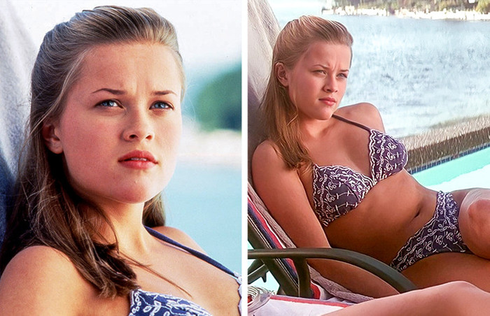 Nhân vật của Reese Witherspoon trong “Fear” là một cô gái lãng mạn. Bộ đồ 2 mảnh thêu hoa trắng càng làm nổi bật vẻ mong manh, ngây thơ của cô.