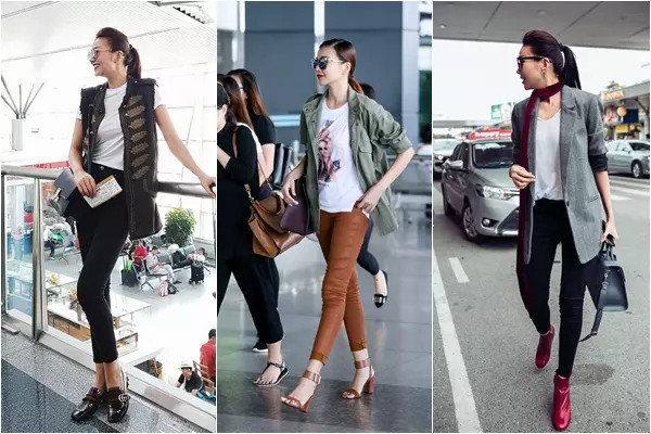 Thanh Hằng thay đổi phong cách liên tục khi ra sân bay. Khi thì năng động với áo thun, quần jeans, lúc lại thanh lịch và toát lên vẻ quyền lực.