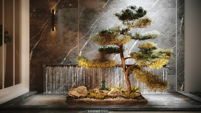 Căn nhà được tô điểm thêm với cây cảnh, bể nước.