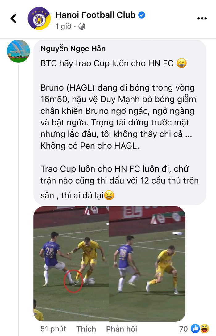 CĐV HAGL “tấn công” fanpage Hà Nội FC sau khi đội nhà thua cuộc. Ảnh chụp màn hình