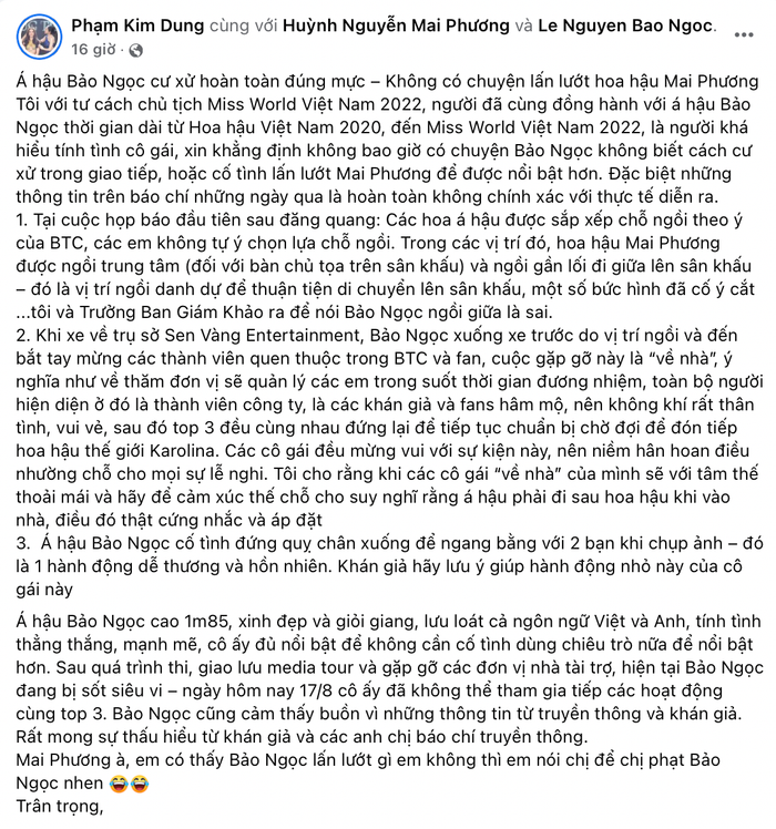 Toàn bộ phản bác của chủ tịch Miss World Vietnam về tin đồn được khẳng định mạnh mẽ rằng: 'Không có chuyện Bảo Ngọc lấn lướt Mai Phương, Bảo Ngọc đã cư xử hoàn toàn đúng mực'. 