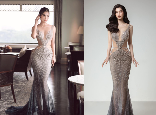 Hoa hậu Tiểu Vy đã từng diện chiếc đầm kim sa ánh bạc này trước đây.&nbsp;