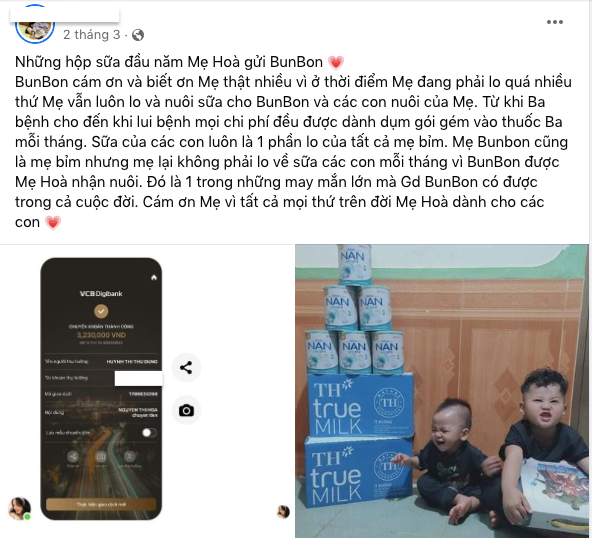 Hòa Minzy nhiều lần ủng hộ tiền và sữa cho hai bé.