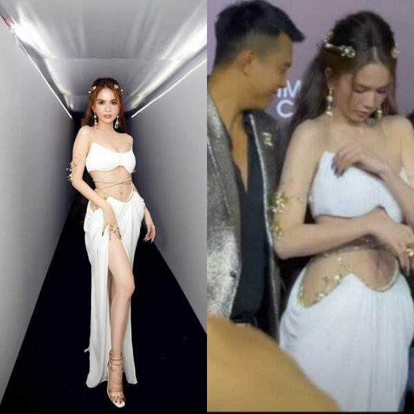 'Nữ hoàng nội y' Ngọc Trinh cũng phải chỉnh sửa trang phục liên tục bởi thiết kế hở bạo, dễ bị lộ hàng.