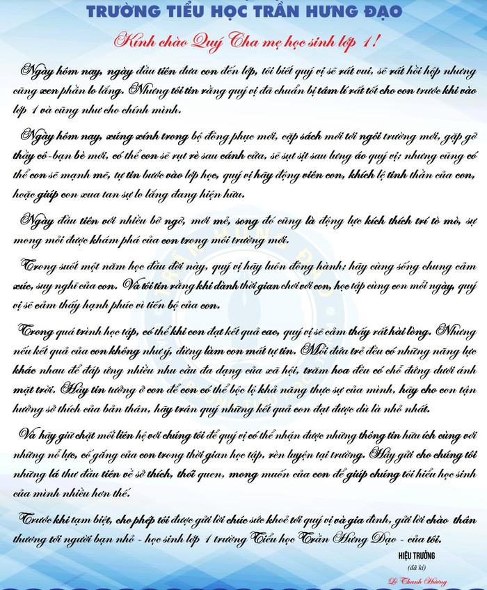Bức thư của cô Hiệu trưởng Trường tiểu học Trần Hưng Đạo gửi học phụ huynh của học sinh lớp 1