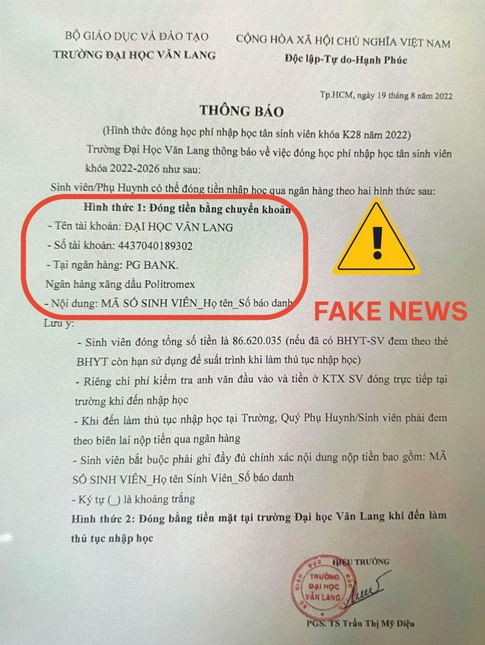 Thông báo giả mạo ĐH Văn Lang để lừa đảo tiền của sinh viên