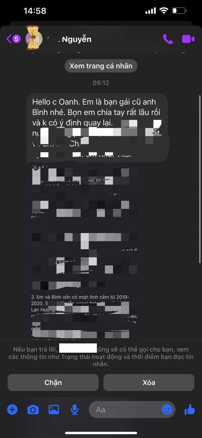 Tin nhắn của bạn gái cũ shark Bình gửi Phương Oanh.