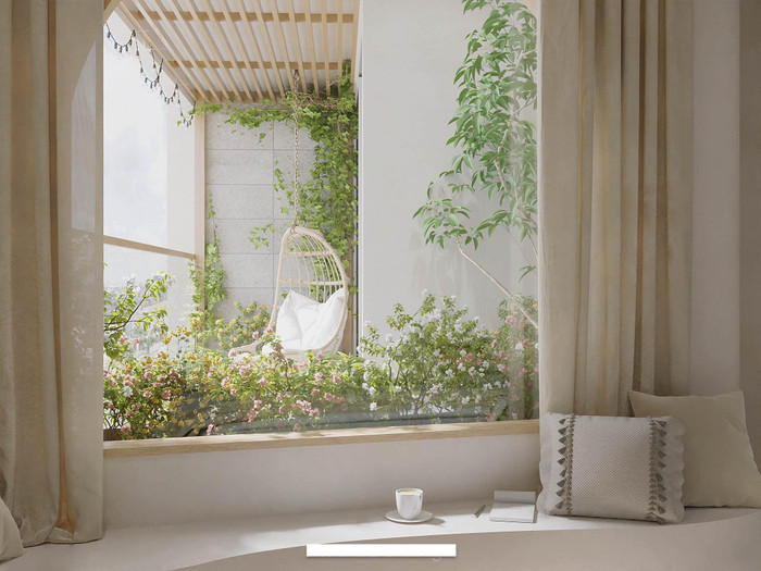 Phòng ngủ ấm cúng, có view hướng ra góc ban công ngập cây xanh.