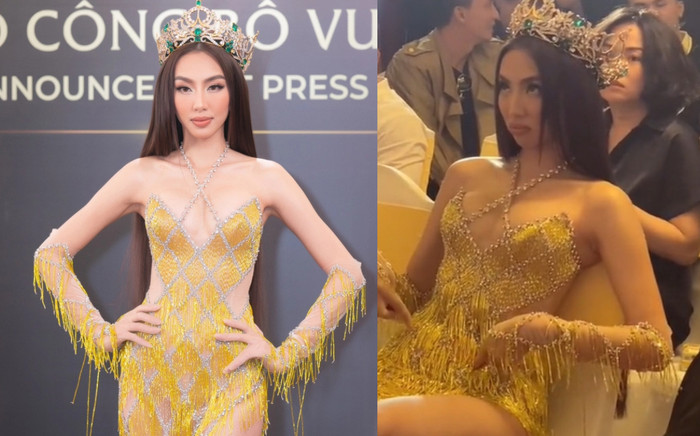 Hoa hậu Thùy Tiên mếu môi bất lực vì để lộ bụng mỡ ngay ở sự kiện Ảnh 2